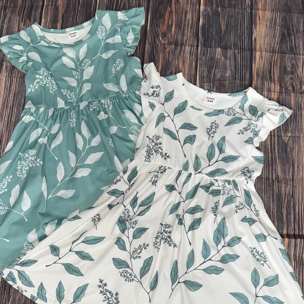 PatPat Leafy Green and Cream Kids Dress Duo
